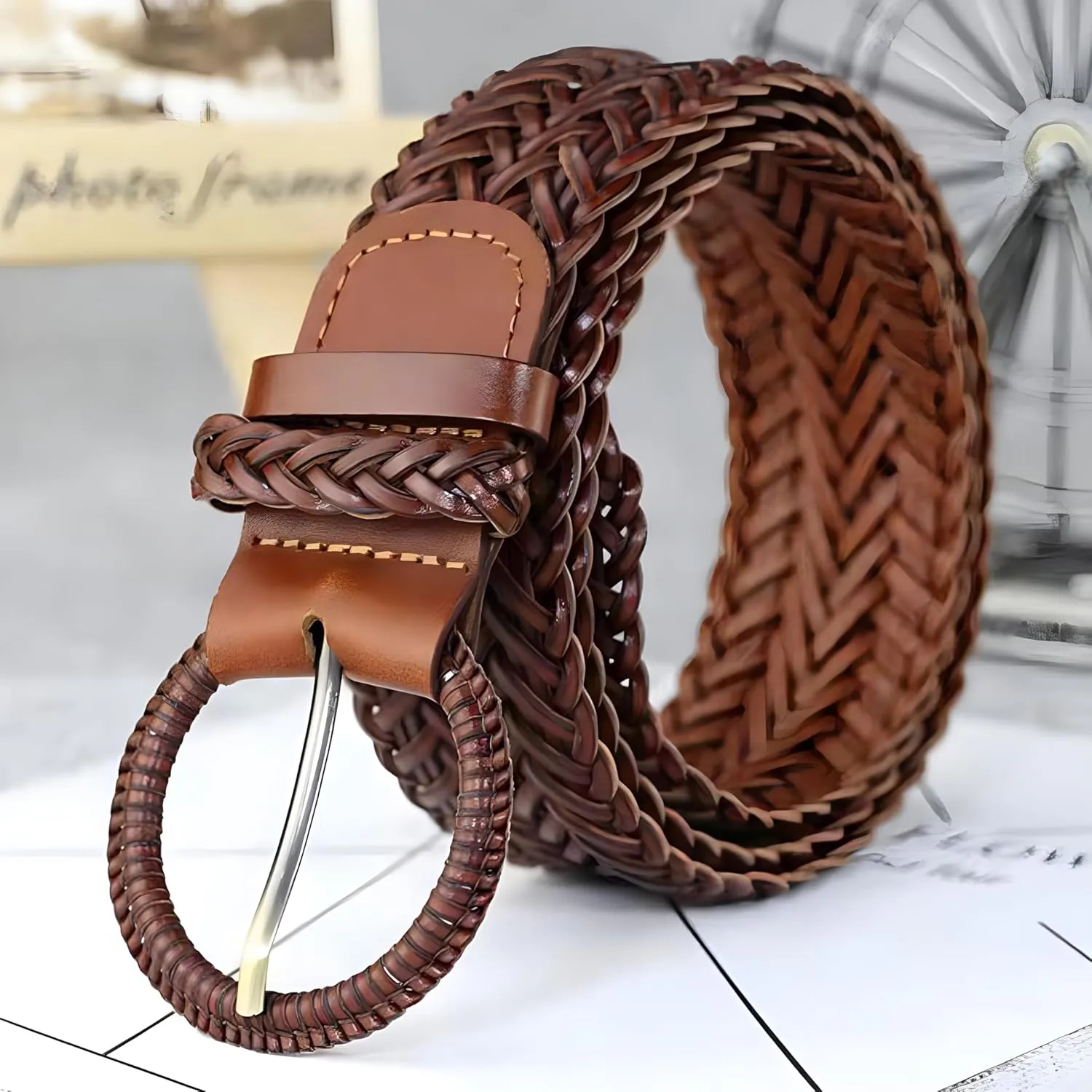 Women Wide Braided Leather Belt 1.6 inch Ladies Soft Woven Waistband with Buckle