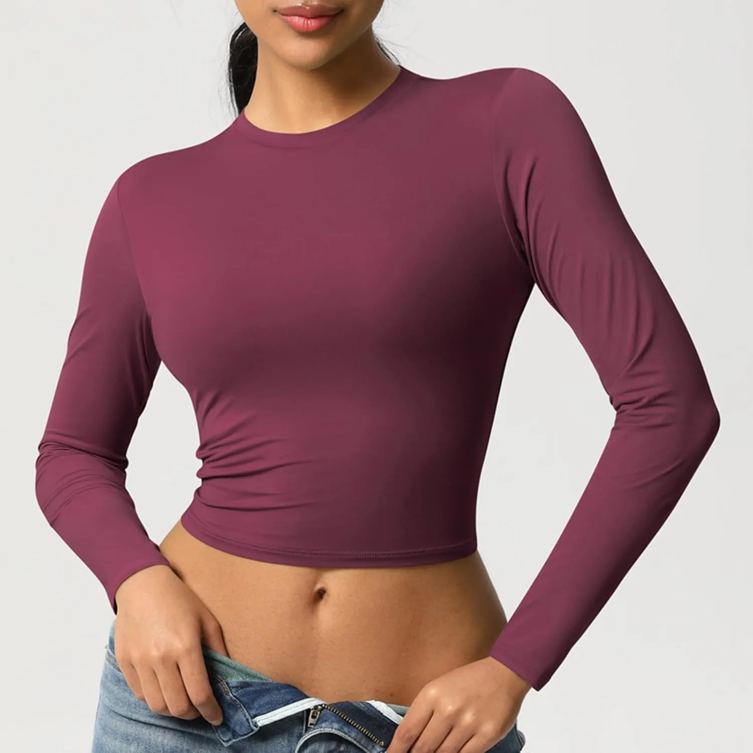 Women Workout Crop Tops Long Sleeve Athletic Yoga Running Tee Shirts High Neck Seamless Cropped Slim Fitted Gym Shirts