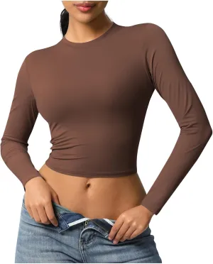 Women Workout Crop Tops Long Sleeve Athletic Yoga Running Tee Shirts High Neck Seamless Cropped Slim Fitted Gym Shirts