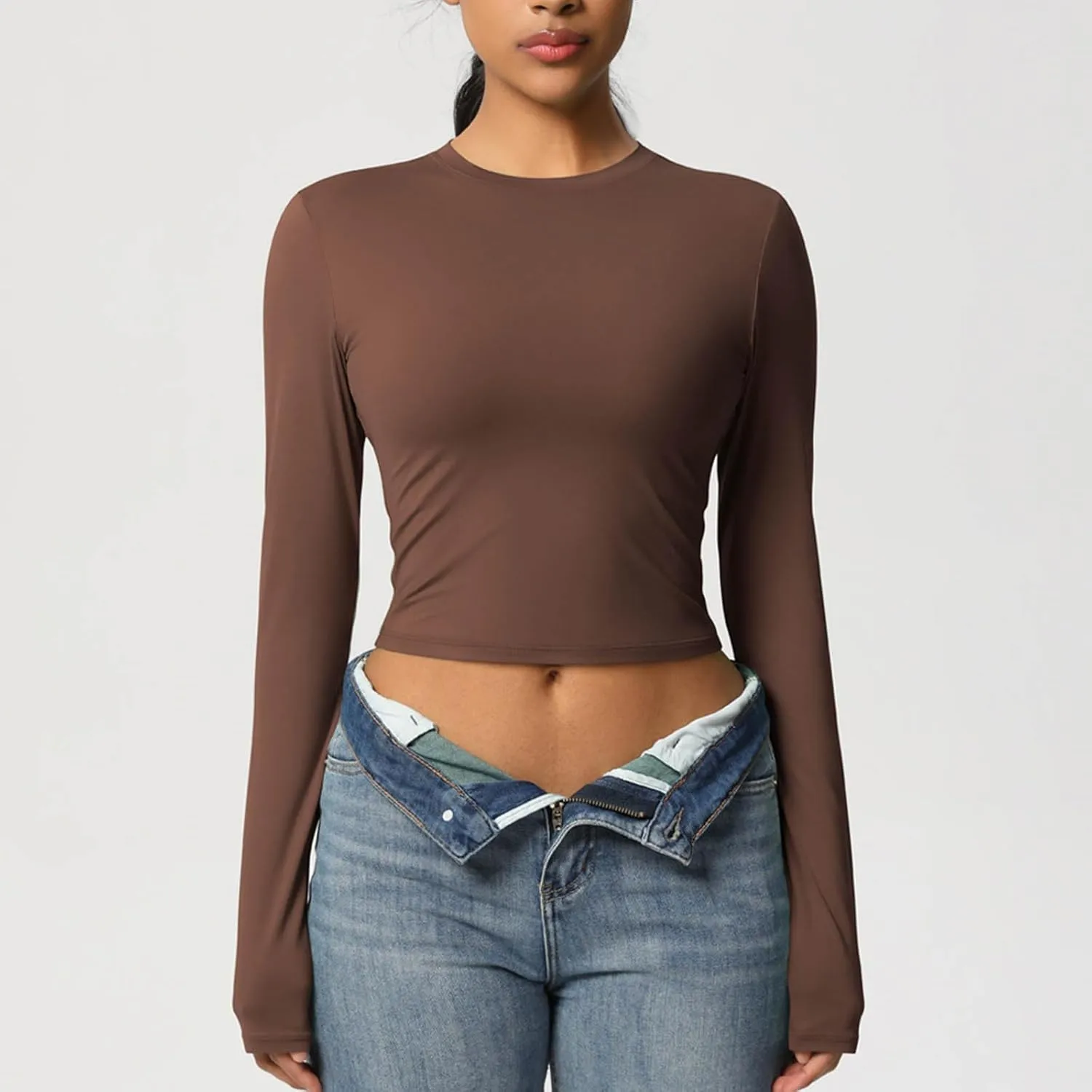 Women Workout Crop Tops Long Sleeve Athletic Yoga Running Tee Shirts High Neck Seamless Cropped Slim Fitted Gym Shirts