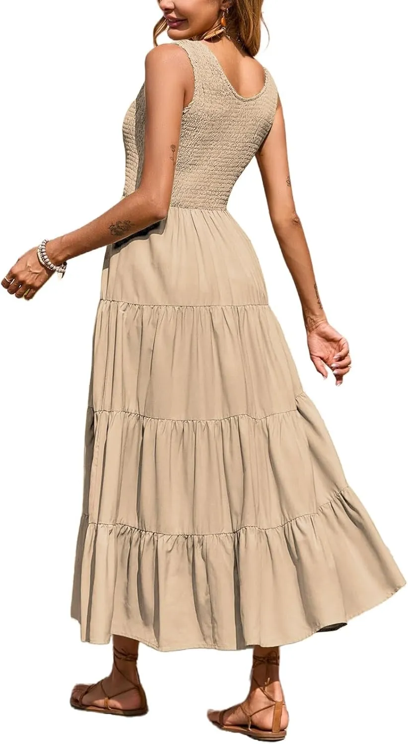 Womens 2025 Casual Loose Plain Sleeveless Cap Sleeve V Neck Smocked Tiered Flowy Maxi Sundress for Summer Beach