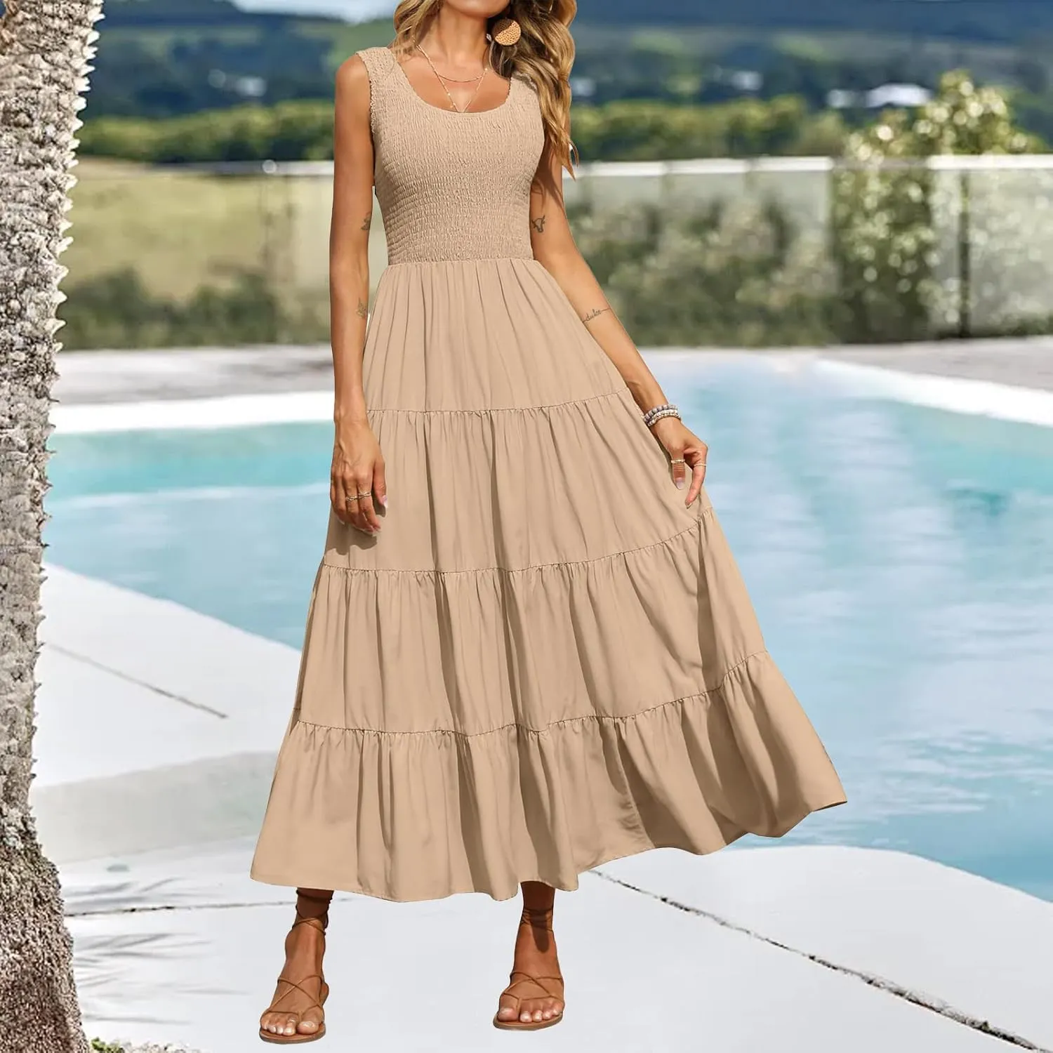 Womens 2025 Casual Loose Plain Sleeveless Cap Sleeve V Neck Smocked Tiered Flowy Maxi Sundress for Summer Beach