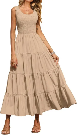 Womens 2025 Casual Loose Plain Sleeveless Cap Sleeve V Neck Smocked Tiered Flowy Maxi Sundress for Summer Beach