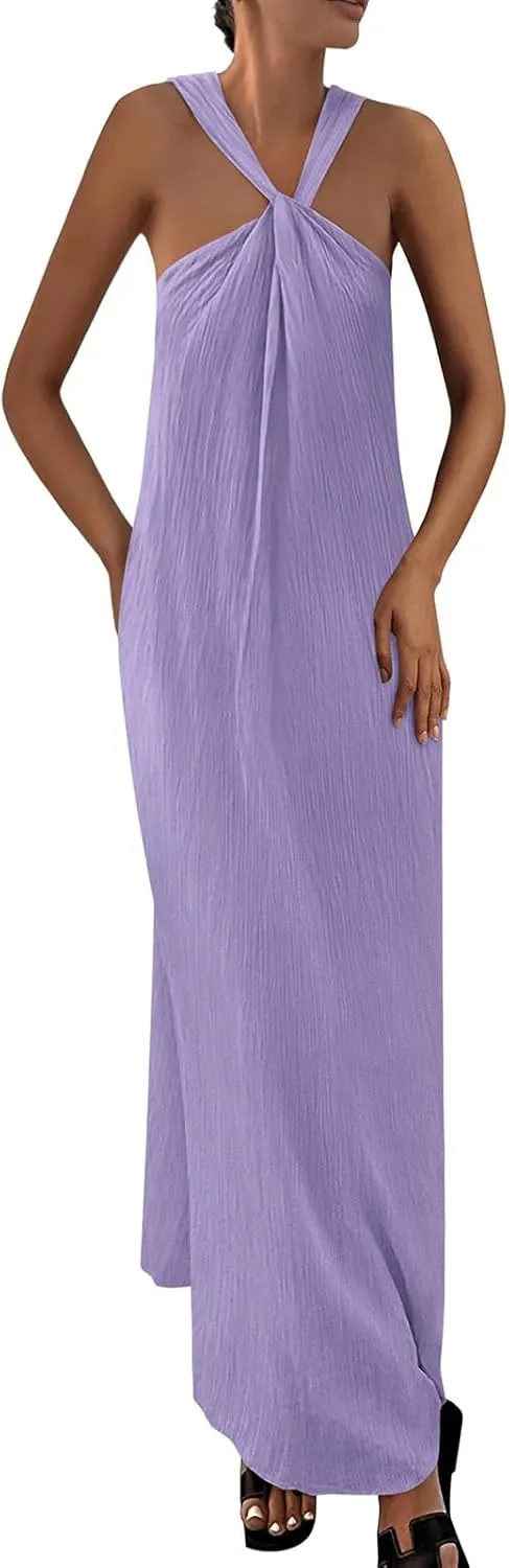 Womens 2025 Sleeveless Strappy Loose Flowy Linen Striped Halter Casual Long Maxi Summer Dress for Beach Vacation