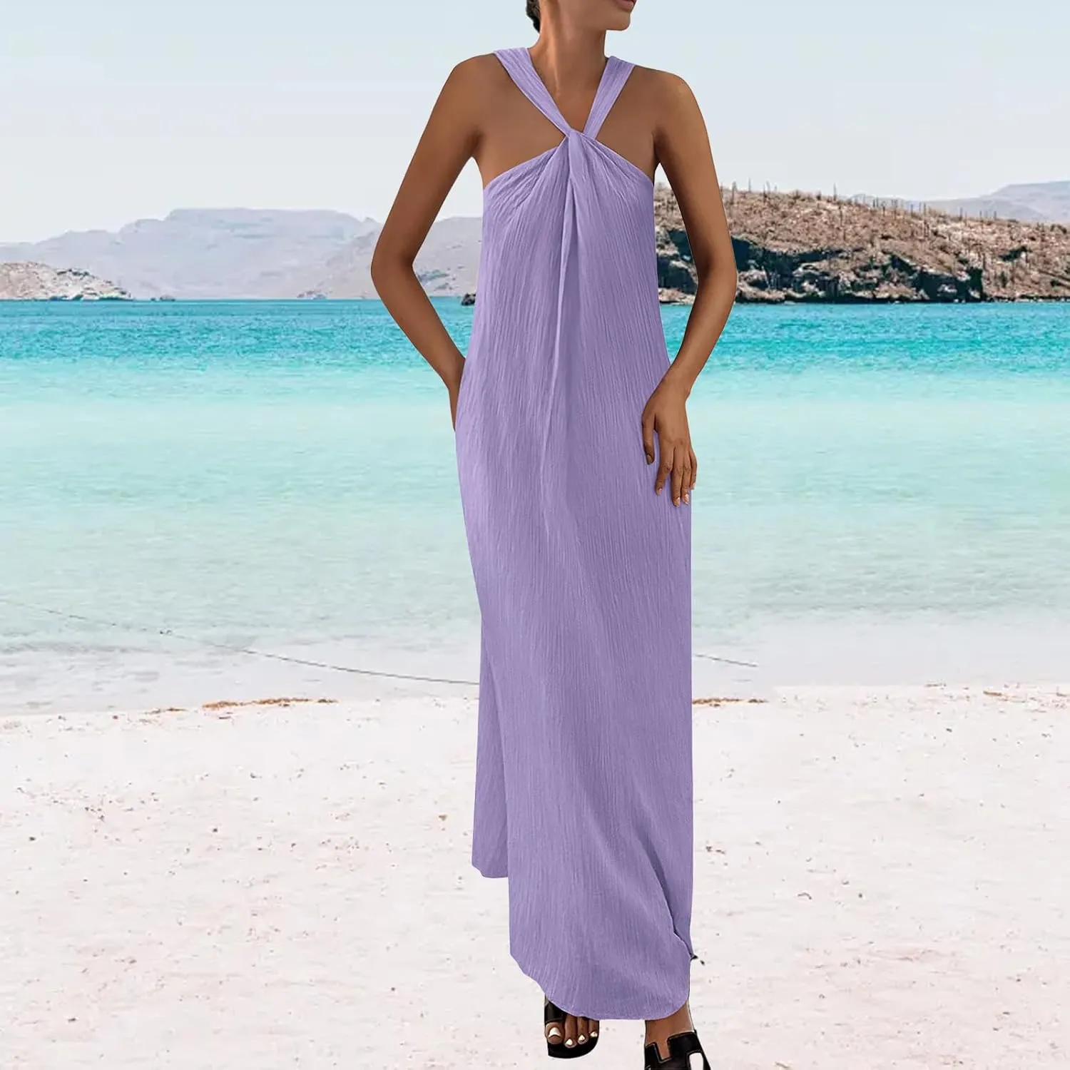 Womens 2025 Sleeveless Strappy Loose Flowy Linen Striped Halter Casual Long Maxi Summer Dress for Beach Vacation