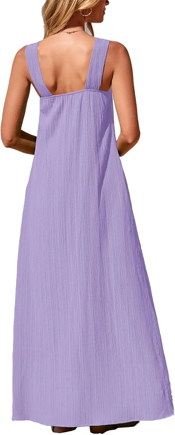 Womens 2025 Sleeveless Strappy Loose Flowy Linen Striped Halter Casual Long Maxi Summer Dress for Beach Vacation
