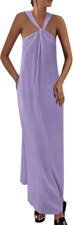 Womens 2025 Sleeveless Strappy Loose Flowy Linen Striped Halter Casual Long Maxi Summer Dress for Beach Vacation