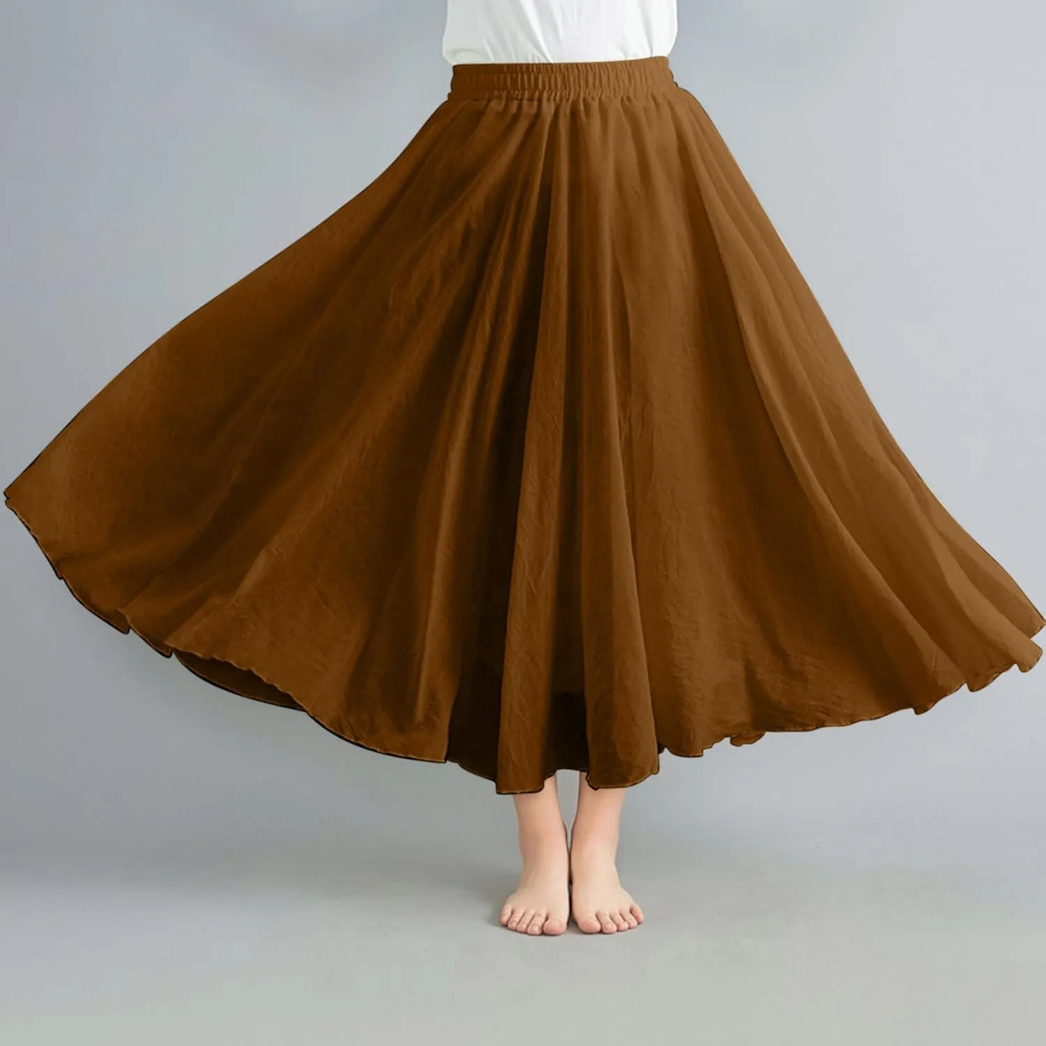 Women's 2025 Summer Linen Skirt Casual Elastic High Waist Flowy Long Skirts Solid Pleated Swing Skirt