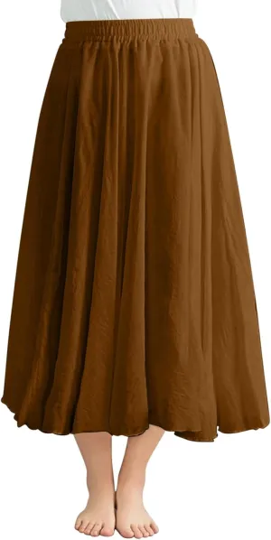 Women's 2025 Summer Linen Skirt Casual Elastic High Waist Flowy Long Skirts Solid Pleated Swing Skirt