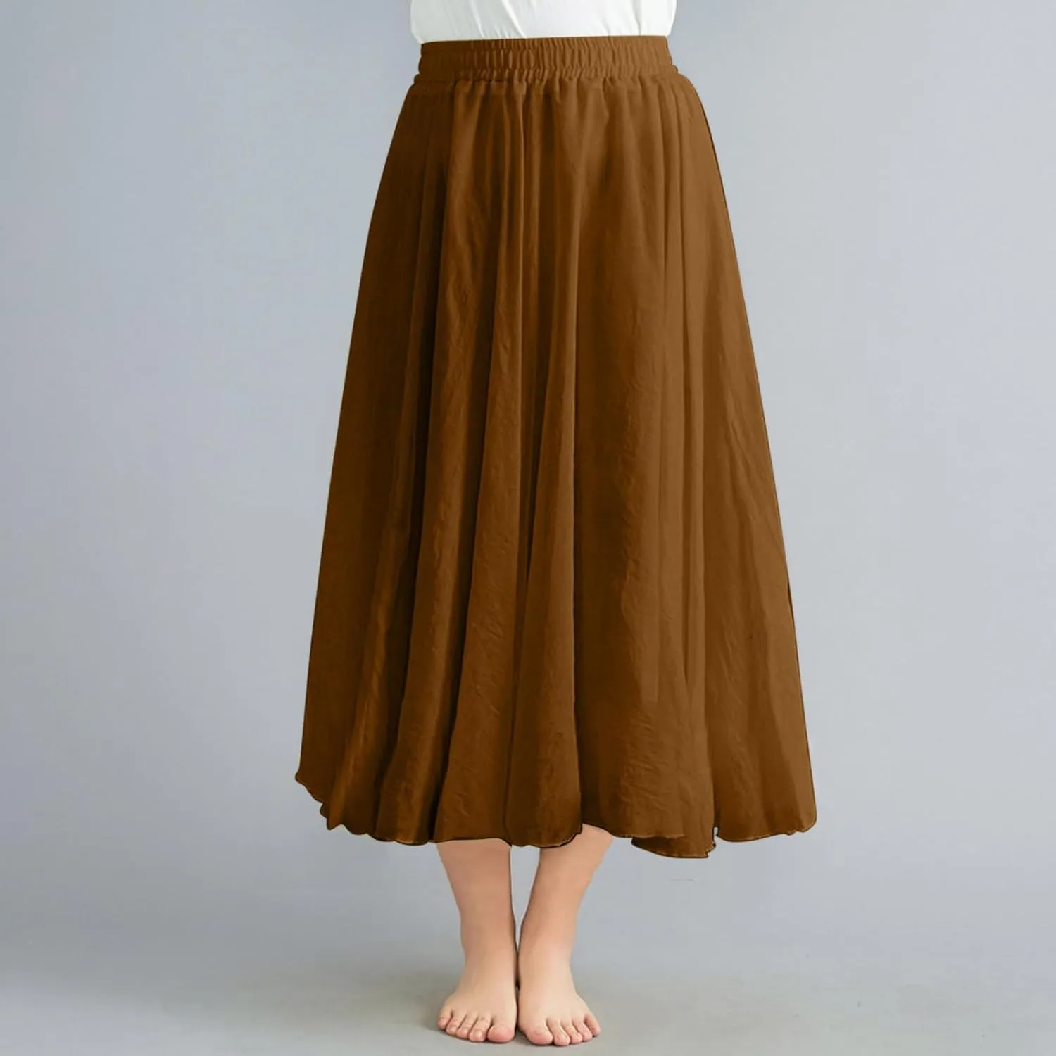 Women's 2025 Summer Linen Skirt Casual Elastic High Waist Flowy Long Skirts Solid Pleated Swing Skirt