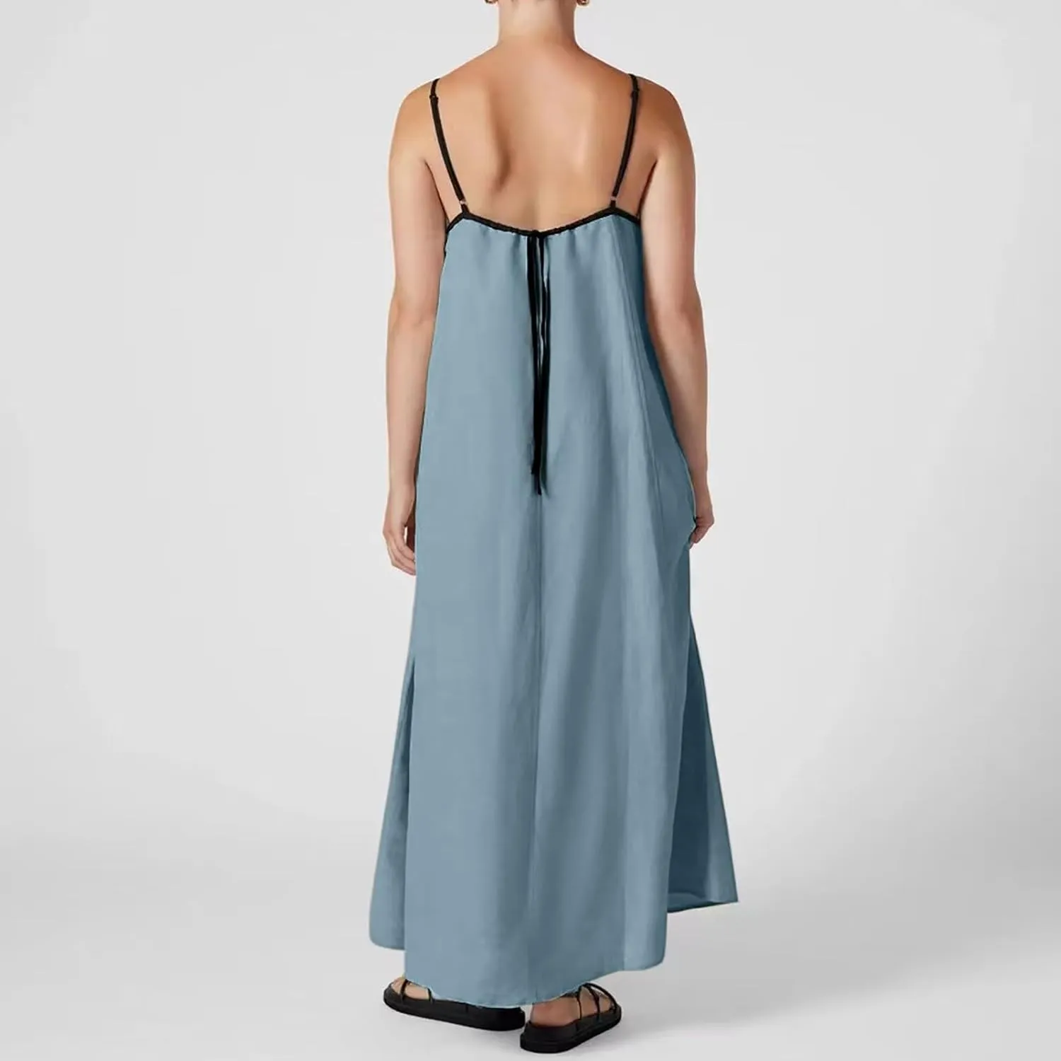 Women's 2025 Summer Maxi Dress, Contrast Spaghetti Strap Dress Backless Cutout Sleeveless Casual Party Beach Dresses Sundress