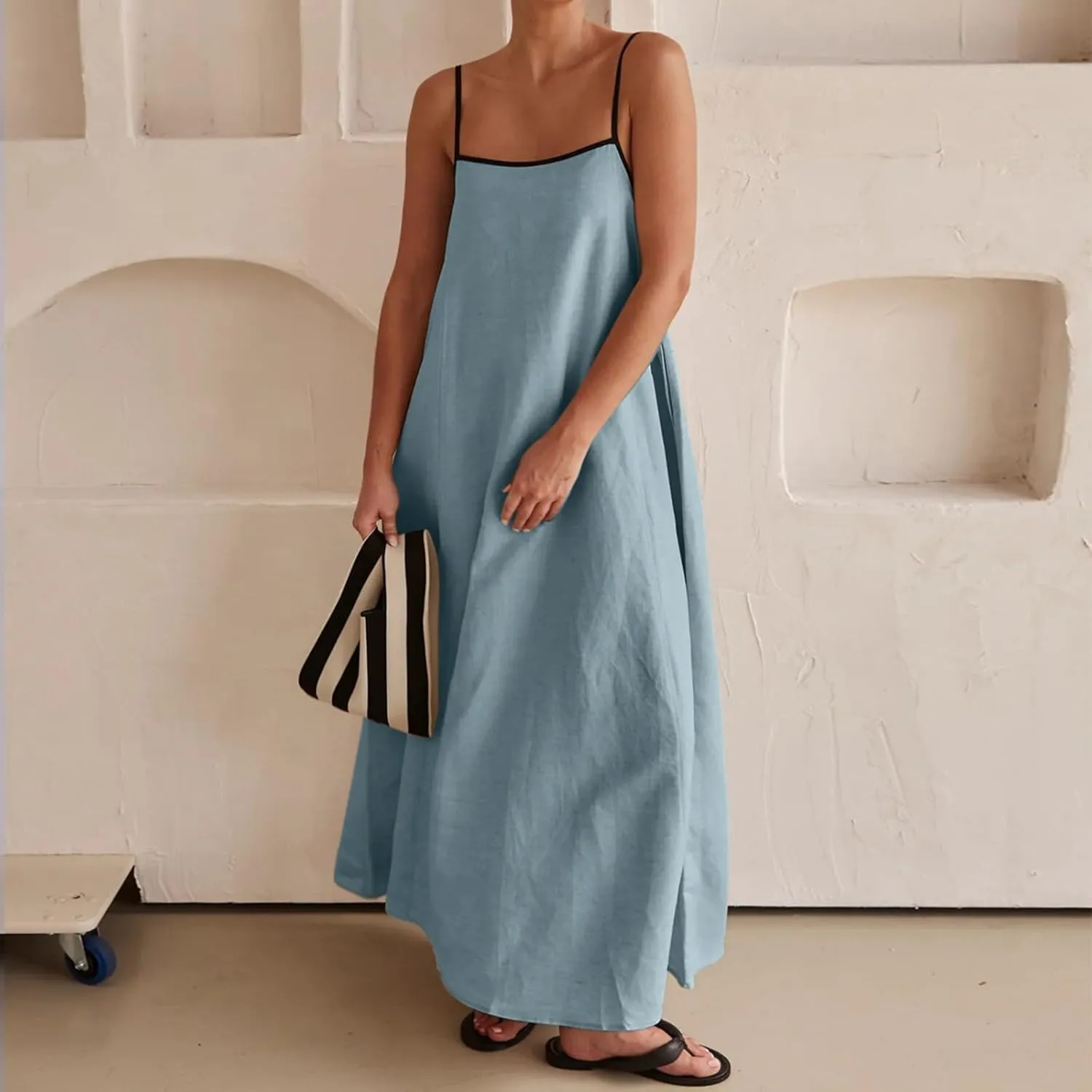 Women's 2025 Summer Maxi Dress, Contrast Spaghetti Strap Dress Backless Cutout Sleeveless Casual Party Beach Dresses Sundress