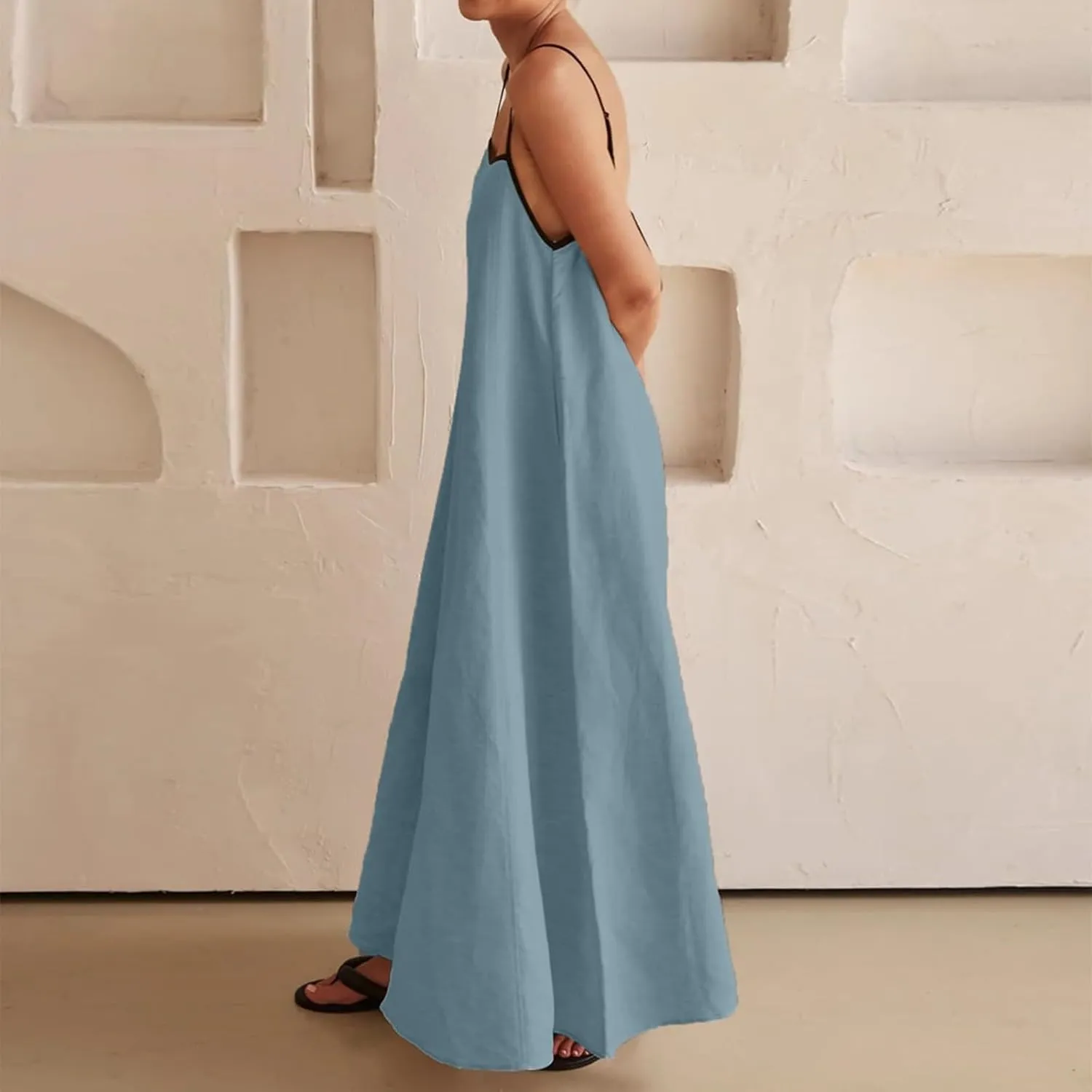 Women's 2025 Summer Maxi Dress, Contrast Spaghetti Strap Dress Backless Cutout Sleeveless Casual Party Beach Dresses Sundress