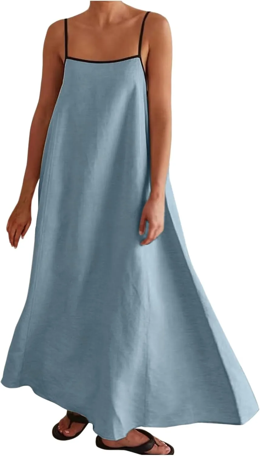 Women's 2025 Summer Maxi Dress, Contrast Spaghetti Strap Dress Backless Cutout Sleeveless Casual Party Beach Dresses Sundress
