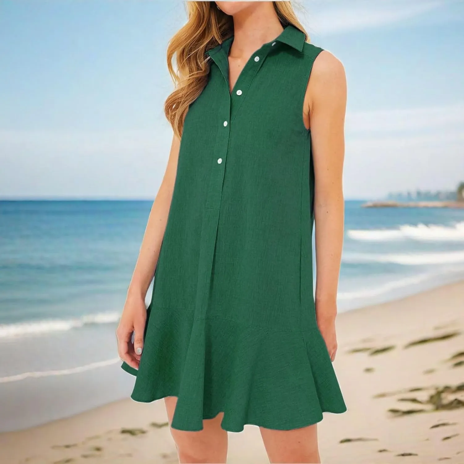 Womens 2025 Summer Sleeveless Shirt Dress Cotton Linen Button Down Ruffle Hem Mini Dresses Loose Flowy Swing Dresses