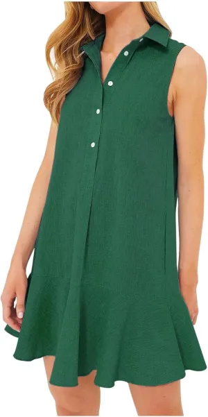 Womens 2025 Summer Sleeveless Shirt Dress Cotton Linen Button Down Ruffle Hem Mini Dresses Loose Flowy Swing Dresses