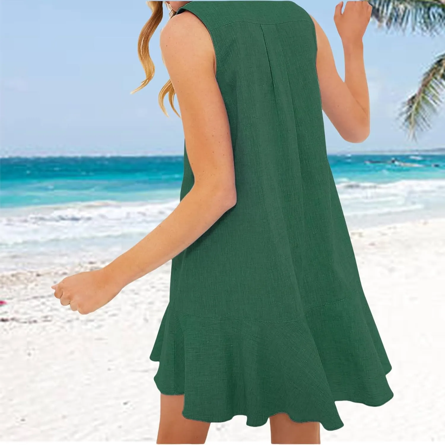 Womens 2025 Summer Sleeveless Shirt Dress Cotton Linen Button Down Ruffle Hem Mini Dresses Loose Flowy Swing Dresses