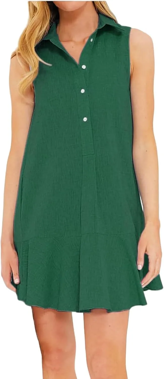 Womens 2025 Summer Sleeveless Shirt Dress Cotton Linen Button Down Ruffle Hem Mini Dresses Loose Flowy Swing Dresses