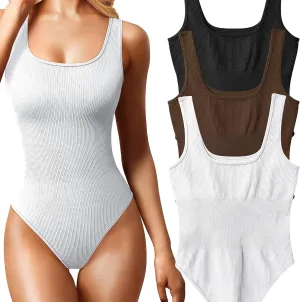 Women's 3 Piece Ribbed Bodysuits Sleeveless Square Neck Tank Tops Set Sexy Comfortable Stretchy Outfits