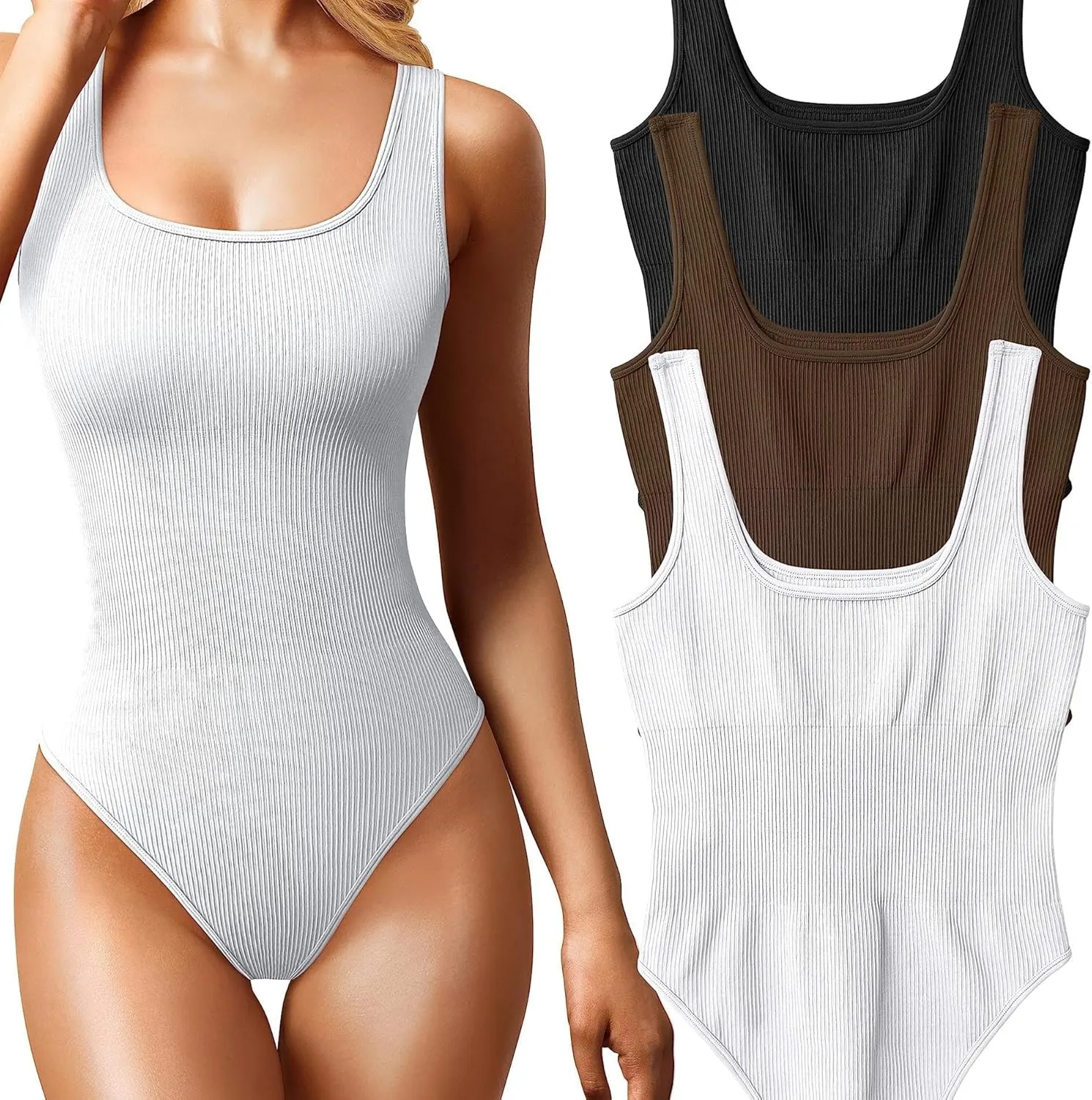 Women's 3 Piece Ribbed Bodysuits Sleeveless Square Neck Tank Tops Set Sexy Comfortable Stretchy Outfits