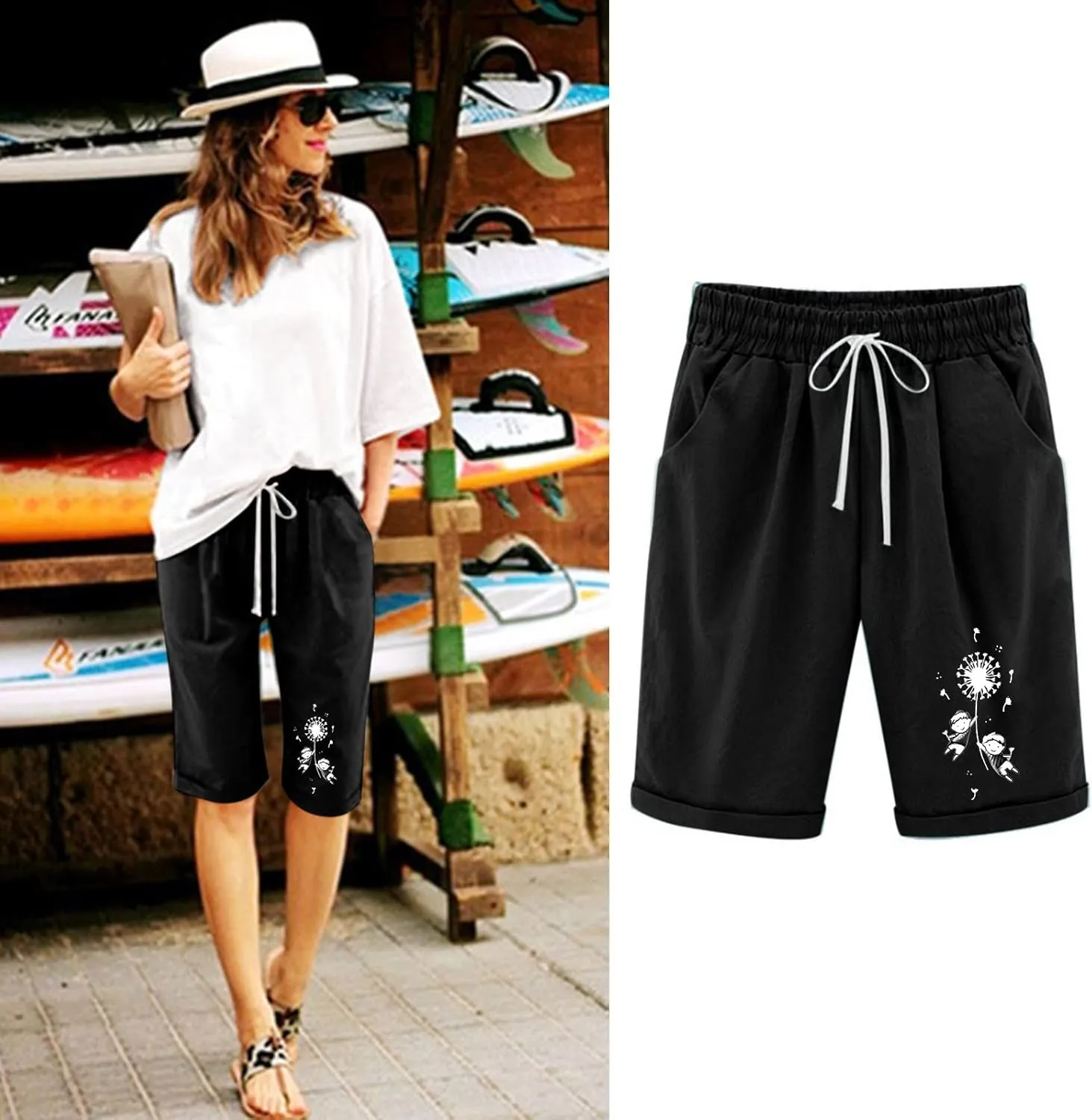 Womens 9 Inch Inseam Shorts Cotton High Elastic Waisted Pleated Ruffle Cute Shorts Beach Flowy Casual Shorts