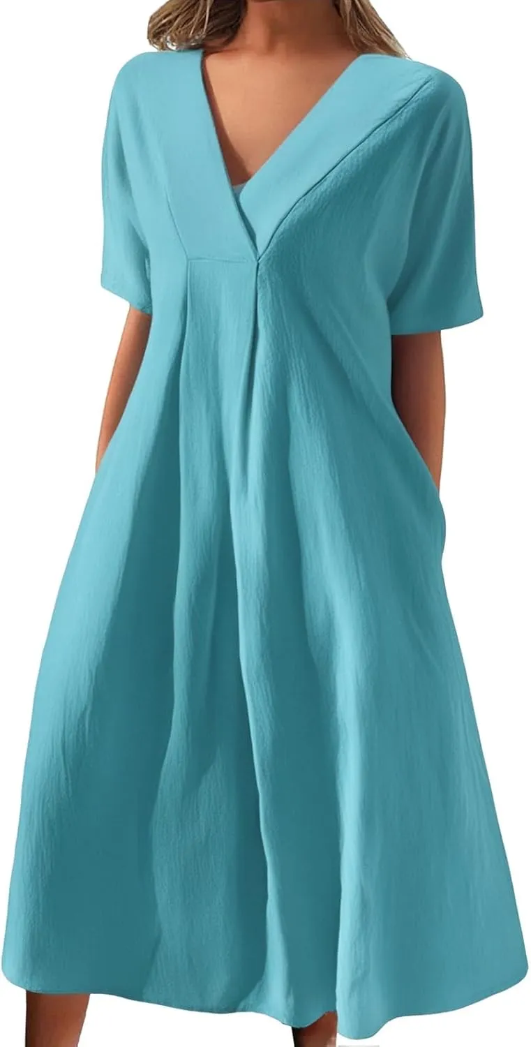 Women's Beach Vacation Bohemian Dress Vintage Casual V Neck Short Sleeve Flowy Dresses Summer Loose Fit Sundress