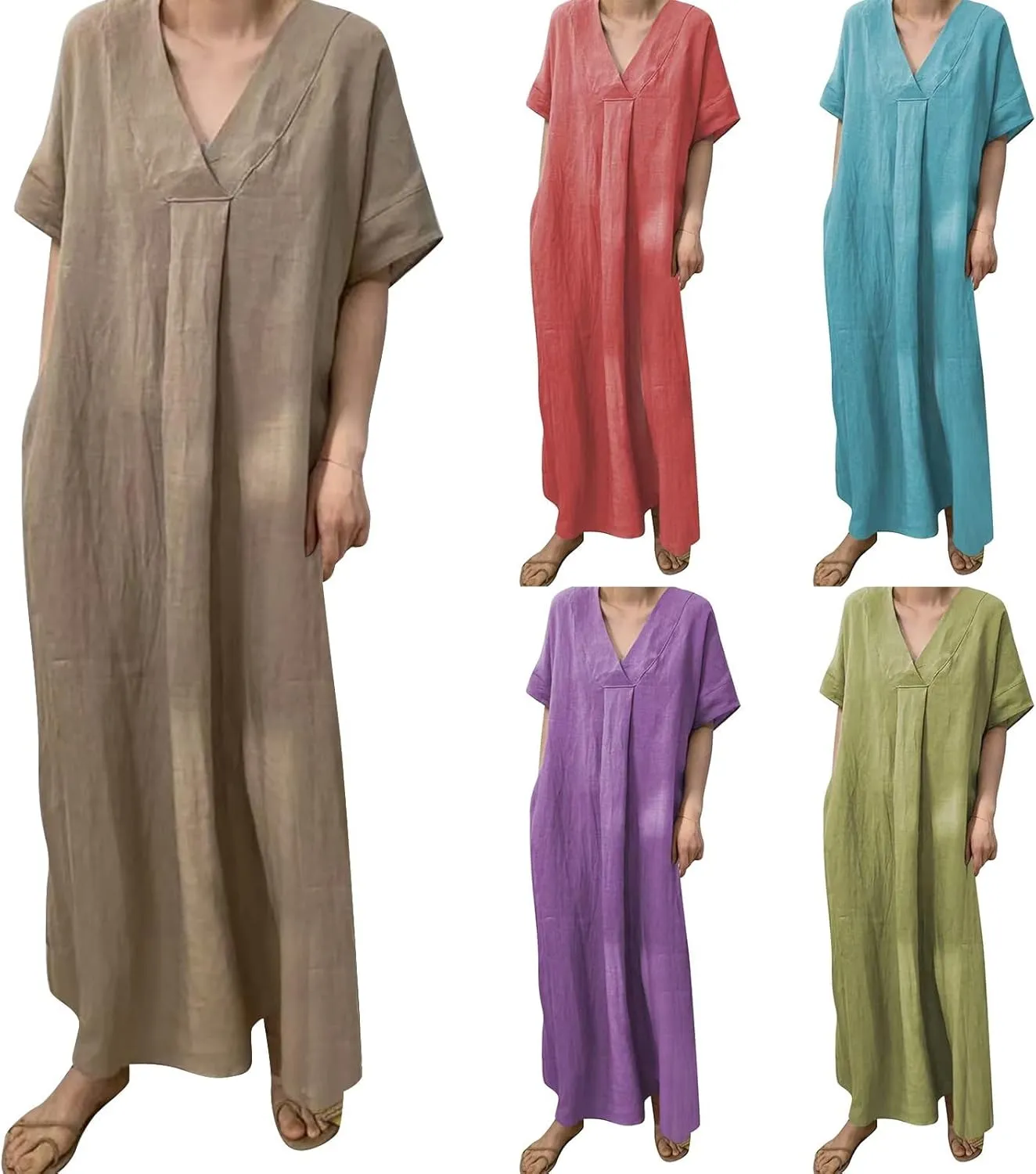 Women's Beach Vacation Bohemian Dress Vintage Casual V Neck Short Sleeve Flowy Dresses Summer Loose Fit Sundress