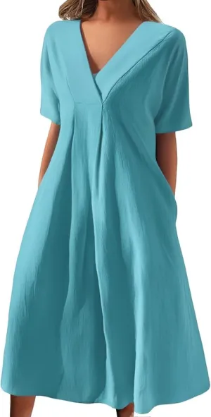 Women's Beach Vacation Bohemian Dress Vintage Casual V Neck Short Sleeve Flowy Dresses Summer Loose Fit Sundress