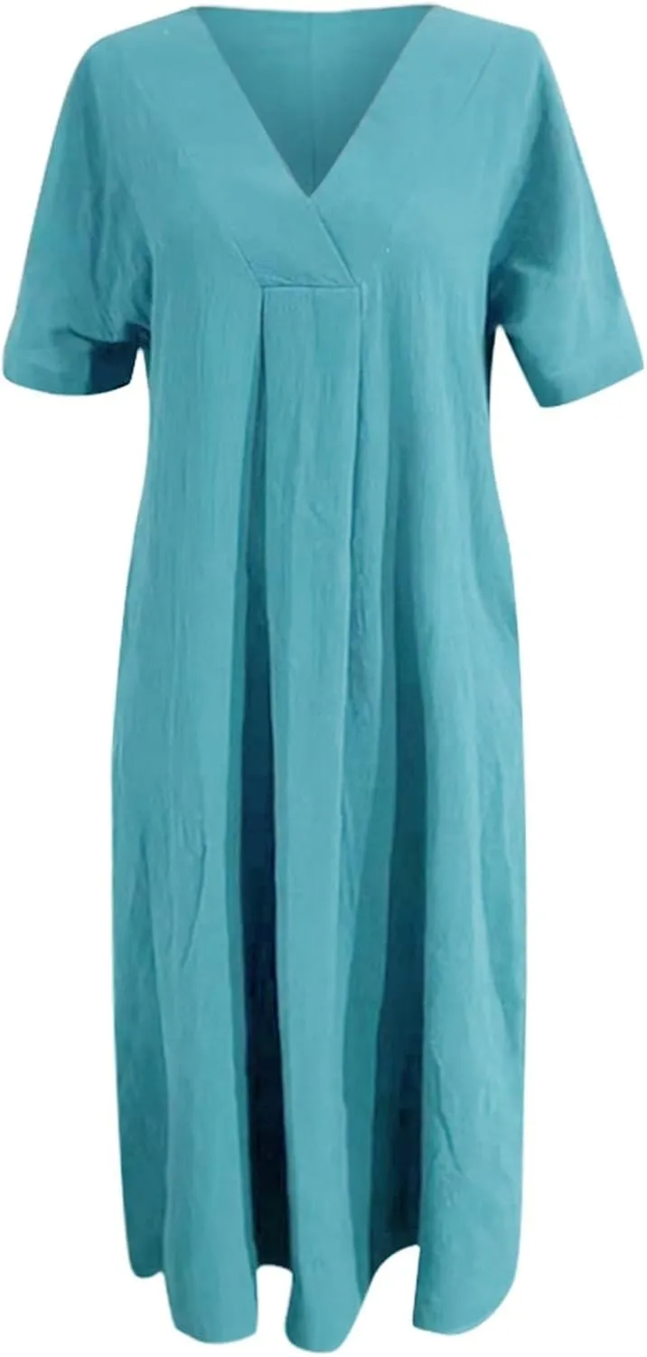 Women's Beach Vacation Bohemian Dress Vintage Casual V Neck Short Sleeve Flowy Dresses Summer Loose Fit Sundress