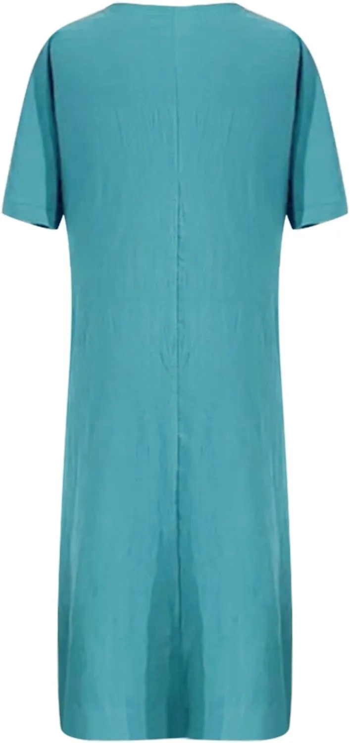 Women's Beach Vacation Bohemian Dress Vintage Casual V Neck Short Sleeve Flowy Dresses Summer Loose Fit Sundress