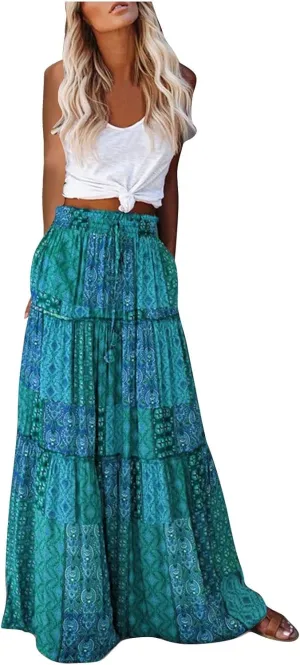 Womens Bohemian Maxi Skirts Elastic High Waisted Flowy Skirt Summer Casual Pleated Long Dresses with Pockets