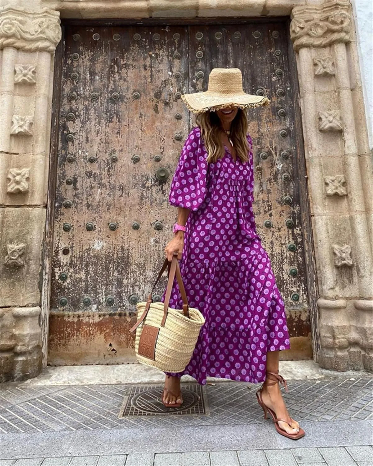 Womens Boho Maxi Dresses 2025 Summer V Neck Puff Sleeve Long Dress Floral Flowy Swing Casual Maxi Dress for Women