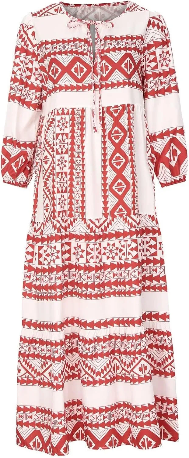 Womens Boho Maxi Dresses 2025 Summer V Neck Puff Sleeve Long Dress Floral Flowy Swing Casual Maxi Dress for Women