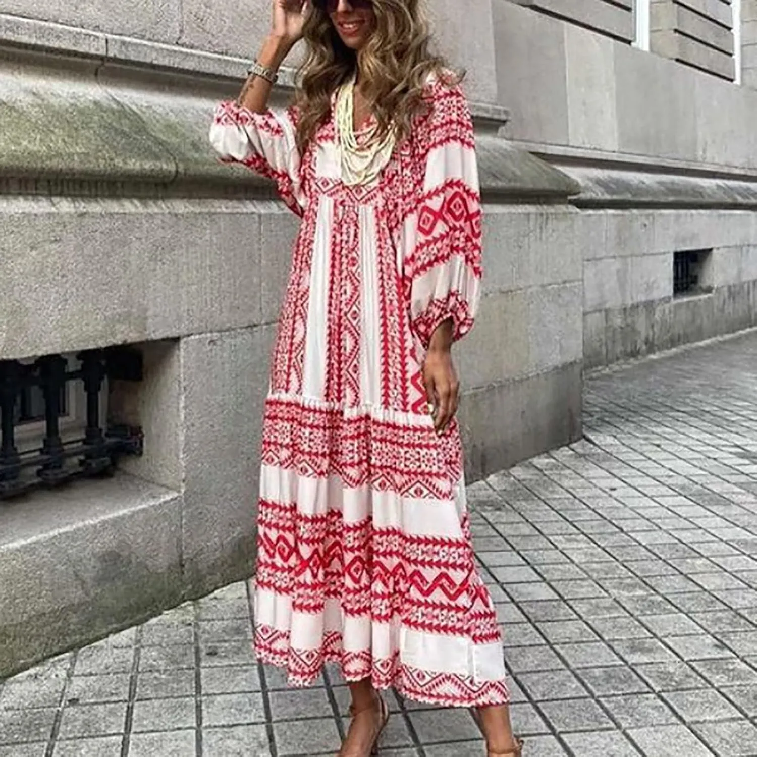 Womens Boho Maxi Dresses 2025 Summer V Neck Puff Sleeve Long Dress Floral Flowy Swing Casual Maxi Dress for Women
