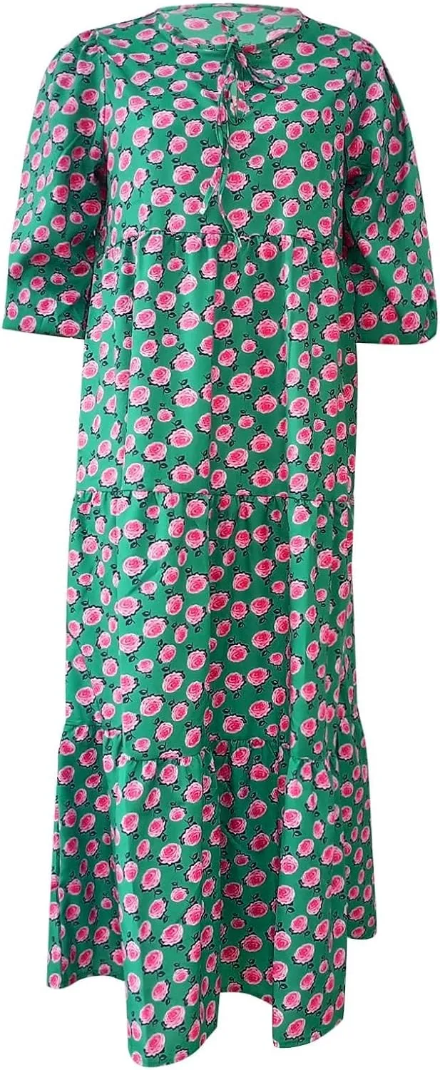 Womens Boho Maxi Dresses 2025 Summer V Neck Puff Sleeve Long Dress Floral Flowy Swing Casual Maxi Dress for Women