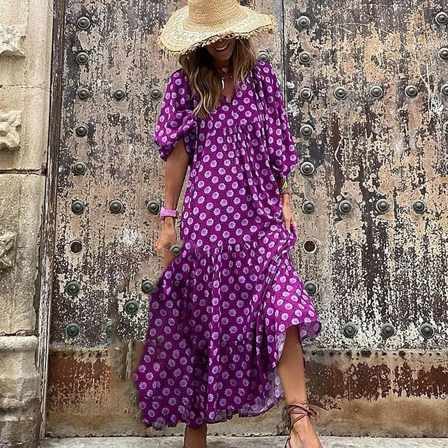 Womens Boho Maxi Dresses 2025 Summer V Neck Puff Sleeve Long Dress Floral Flowy Swing Casual Maxi Dress for Women