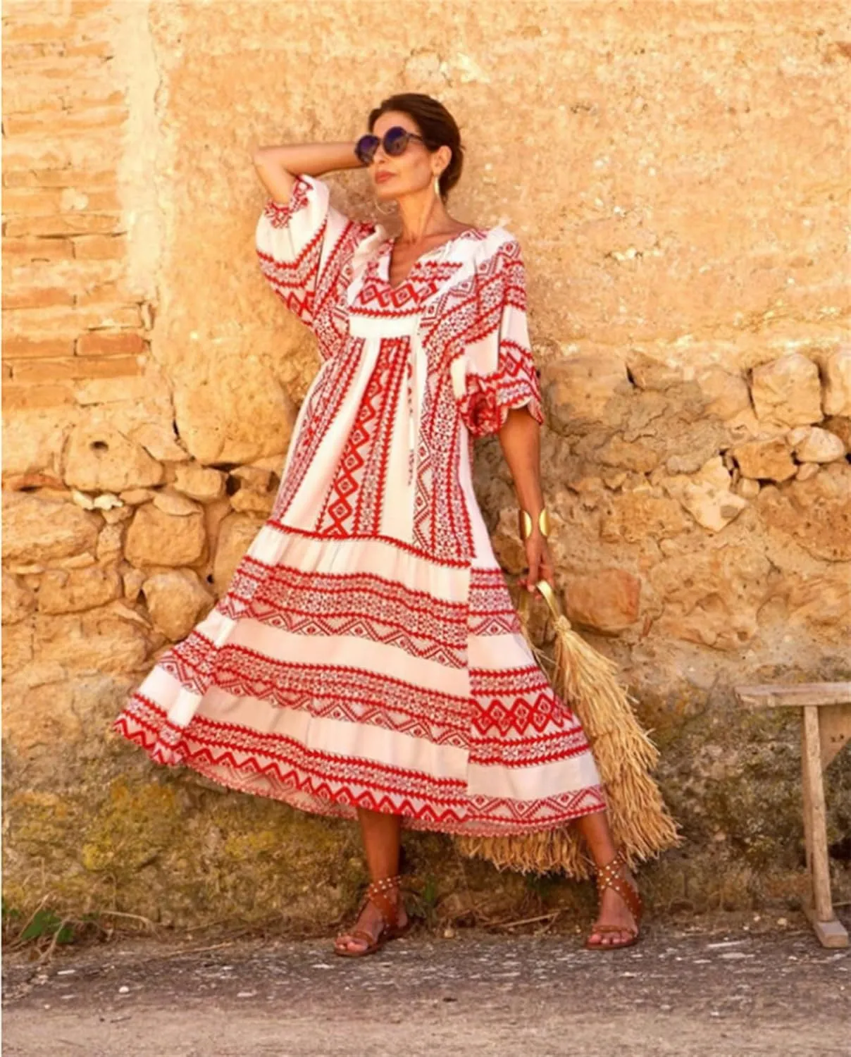 Womens Boho Maxi Dresses 2025 Summer V Neck Puff Sleeve Long Dress Floral Flowy Swing Casual Maxi Dress for Women
