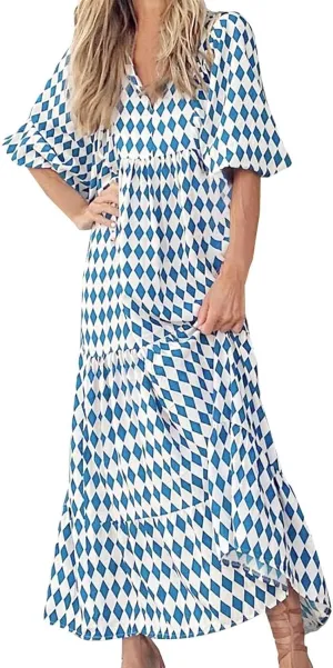 Womens Boho Maxi Dresses 2025 Summer V Neck Puff Sleeve Long Dress Floral Flowy Swing Casual Maxi Dress for Women