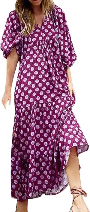 Womens Boho Maxi Dresses 2025 Summer V Neck Puff Sleeve Long Dress Floral Flowy Swing Casual Maxi Dress for Women