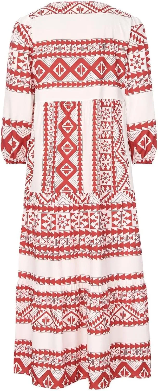 Womens Boho Maxi Dresses 2025 Summer V Neck Puff Sleeve Long Dress Floral Flowy Swing Casual Maxi Dress for Women