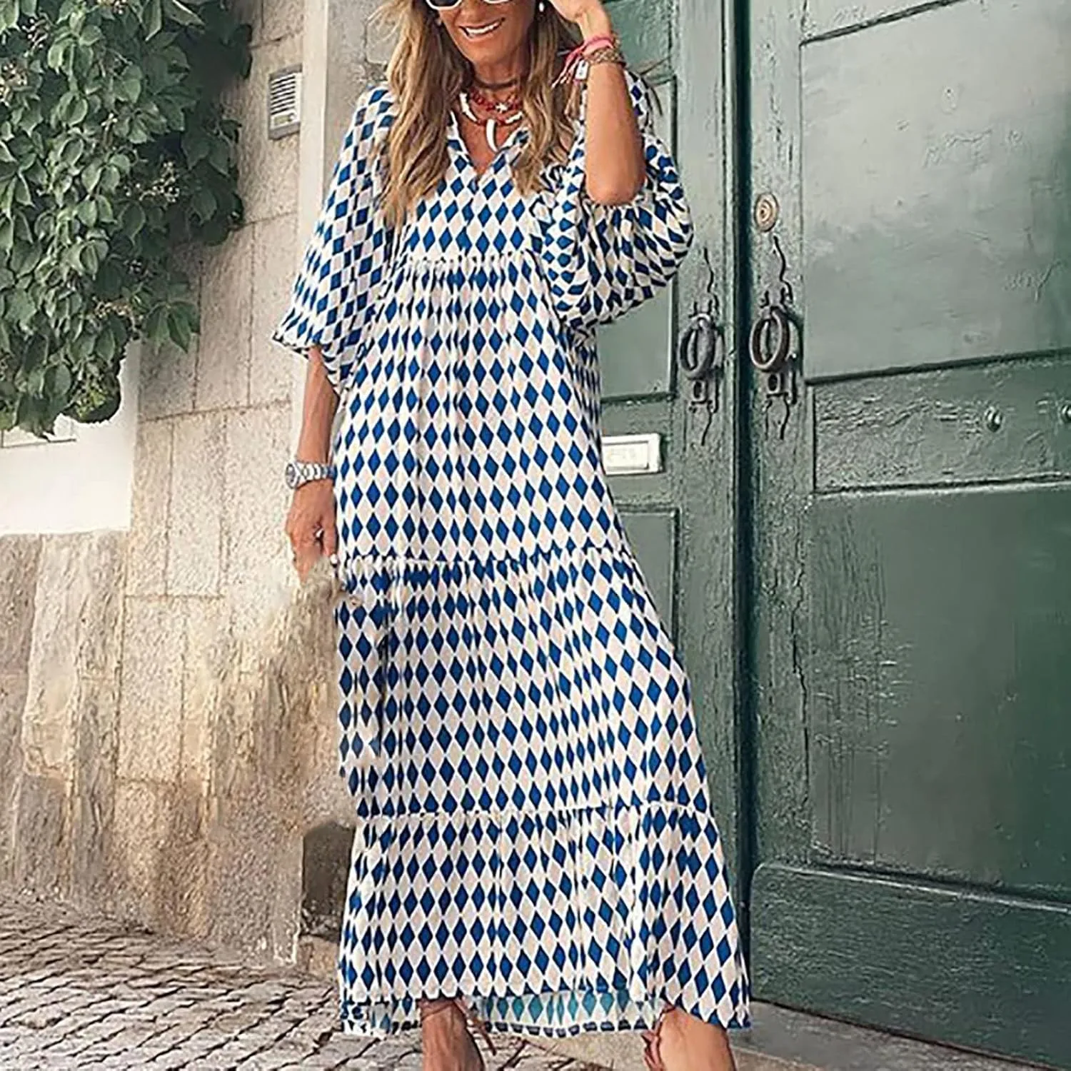 Womens Boho Maxi Dresses 2025 Summer V Neck Puff Sleeve Long Dress Floral Flowy Swing Casual Maxi Dress for Women