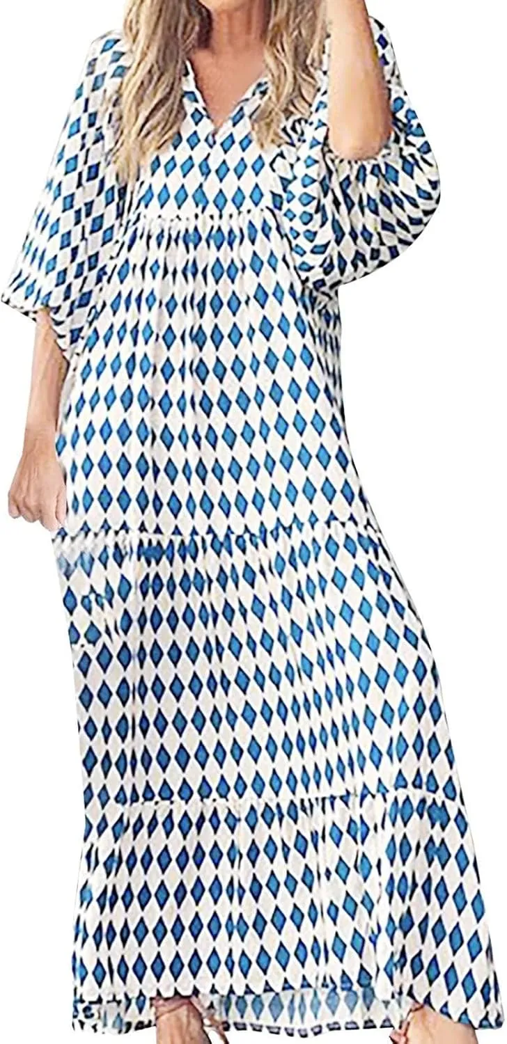 Womens Boho Maxi Dresses 2025 Summer V Neck Puff Sleeve Long Dress Floral Flowy Swing Casual Maxi Dress for Women