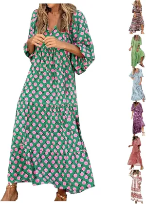 Womens Boho Maxi Dresses 2025 Summer V Neck Puff Sleeve Long Dress Floral Flowy Swing Casual Maxi Dress for Women