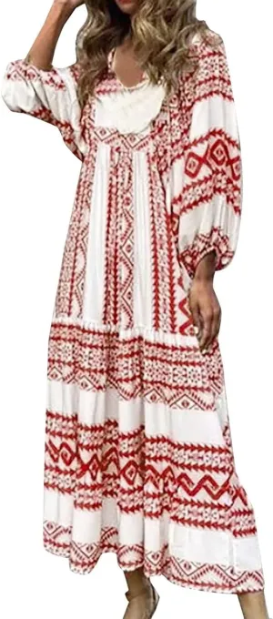 Womens Boho Maxi Dresses 2025 Summer V Neck Puff Sleeve Long Dress Floral Flowy Swing Casual Maxi Dress for Women