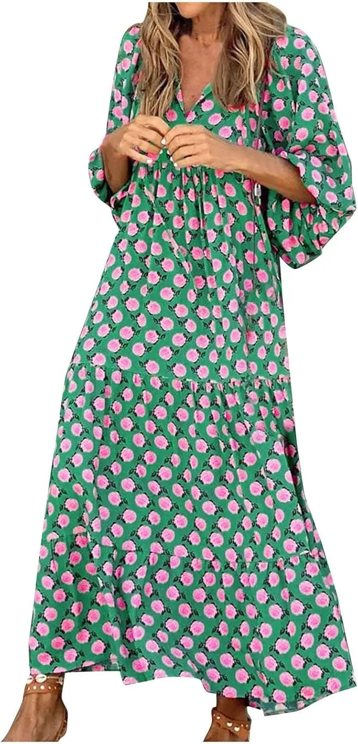 Womens Boho Maxi Dresses 2025 Summer V Neck Puff Sleeve Long Dress Floral Flowy Swing Casual Maxi Dress for Women