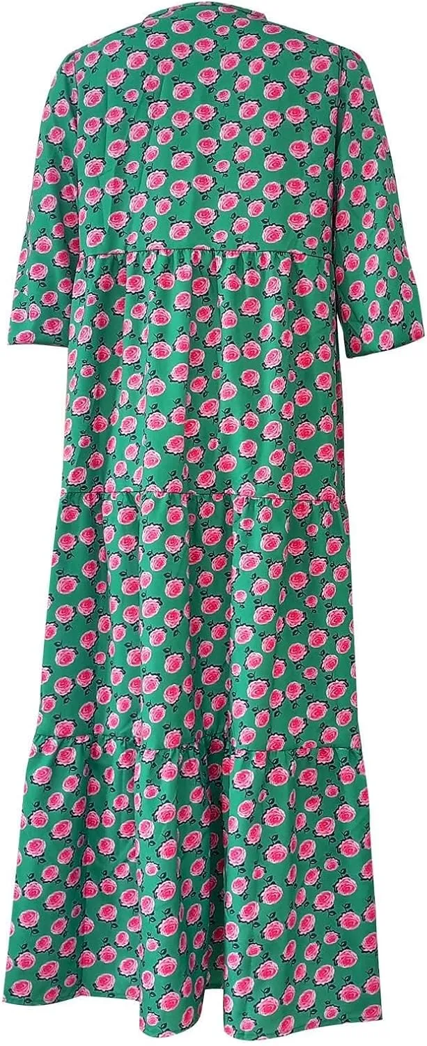 Womens Boho Maxi Dresses 2025 Summer V Neck Puff Sleeve Long Dress Floral Flowy Swing Casual Maxi Dress for Women