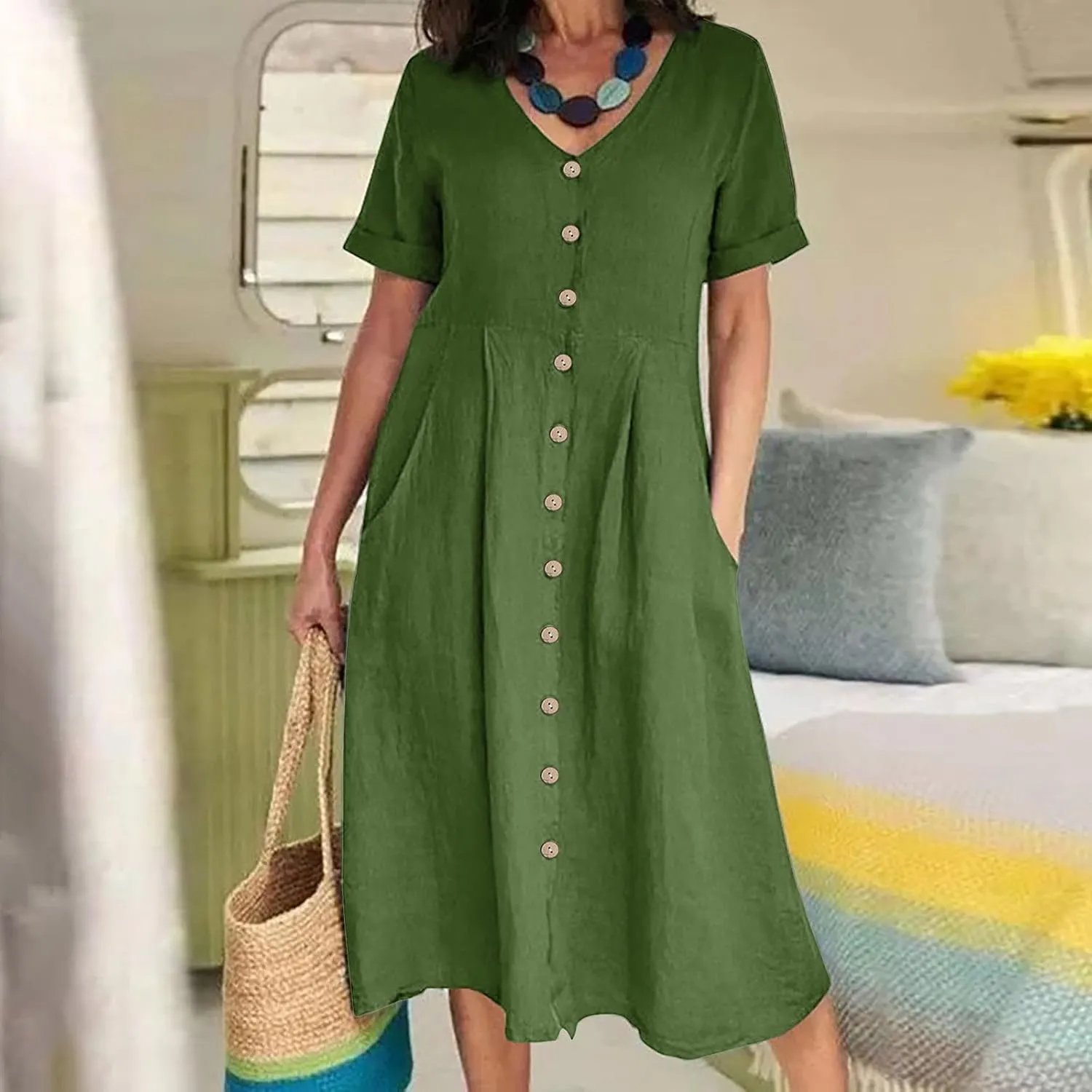 Women's Button Down T-Shirt Dress Casual High Low V Neck Loose Linen Summer Short Sleeve Midi Dresses with Pockets
