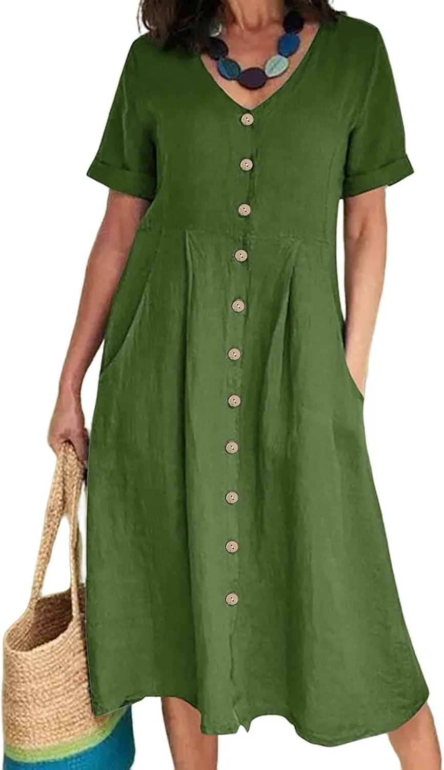 Women's Button Down T-Shirt Dress Casual High Low V Neck Loose Linen Summer Short Sleeve Midi Dresses with Pockets