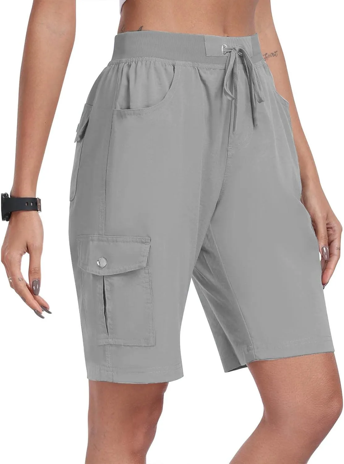 Womens Cargo Shorts with Pocket Trendy 2024 Elastic High Waisted Bermuda Shorts Loose Lightweight Comfy Casual Shorts