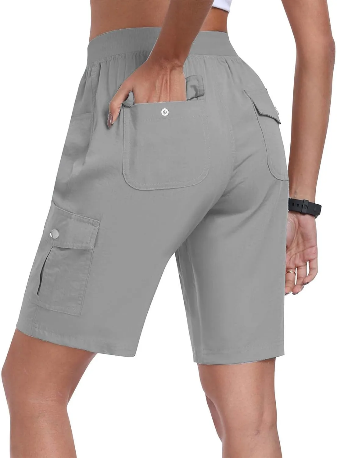 Womens Cargo Shorts with Pocket Trendy 2024 Elastic High Waisted Bermuda Shorts Loose Lightweight Comfy Casual Shorts